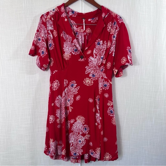 Free People Blue Hawaii Collared Short Sleeve Red Mini Dress Size L - Picture 5 of 16